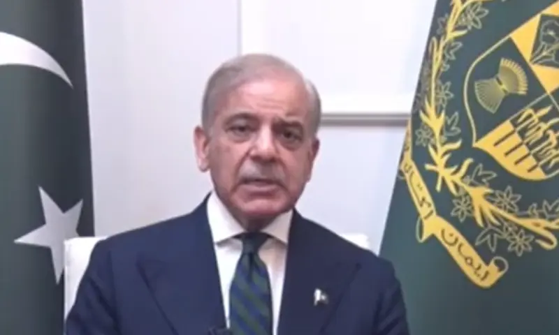Prime Minister Shehbaz Sharif addresses the nation on March 27. &mdash; DawnNewsTV