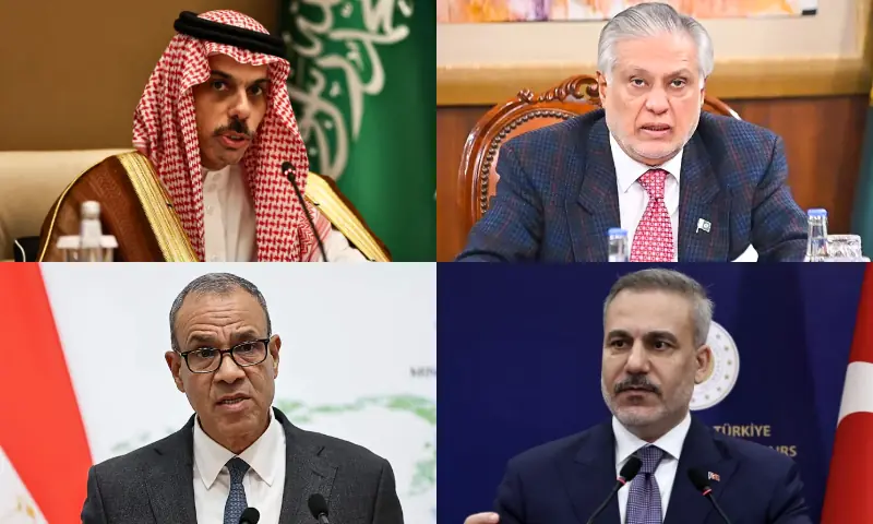This photo combo shows (clockwise from L) Saudi Arabia’s FM Prince Faisal bin Farhan Al Saud, Deputy Prime Minister and Foreign Minister Ishaq Dar, Turkiye’s FM Hakan Fidan and Egypt’s FM Dr Badr Abdelatty. — File photos via Reuters/FO/AFP/Reuters This photo combo shows (clockwise from L) Saudi Arabia’s FM Prince Faisal bin Farhan Al Saud, Deputy Prime Minister and Foreign Minister Ishaq Dar, Turkiye’s FM Hakan Fidan and Egypt’s FM Dr Badr Abdelatty. — File photos via Reuters/FO/AFP/Reuters