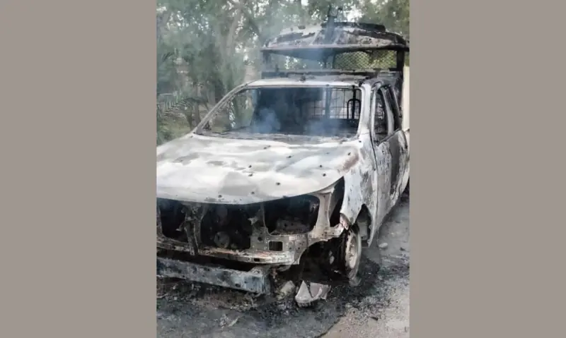 A damaged police vehicle stands after an attack by militants in the Mama Khel area of KP’s Bannu district on March 28, 2026. — Photo via author A damaged police vehicle stands after an attack by militants in the Mama Khel area of KP’s Bannu district on March 28, 2026. — Photo via author