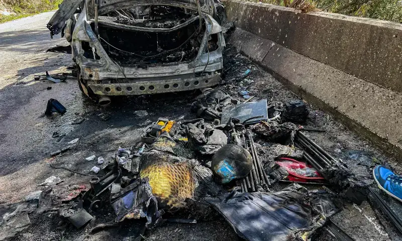 Gear that was used by a media crew of journalists who were killed in an Israeli strike earlier is displayed near the husk of their destroyed vehicle along the side of a road leading to Jezzine in southern Lebanon on March 28, 2026. — AFP Gear that was used by a media crew of journalists who were killed in an Israeli strike earlier is displayed near the husk of their destroyed vehicle along the side of a road leading to Jezzine in southern Lebanon on March 28, 2026. — AFP