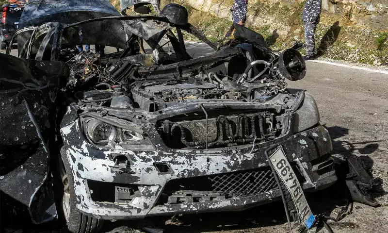 The husk of a destroyed vehicle that was used by a media crew of journalists who were killed in an Israeli strike earlier is pictured along the side of a road leading to Jezzine in southern Lebanon on March 28, 2026. — AFP The husk of a destroyed vehicle that was used by a media crew of journalists who were killed in an Israeli strike earlier is pictured along the side of a road leading to Jezzine in southern Lebanon on March 28, 2026. — AFP