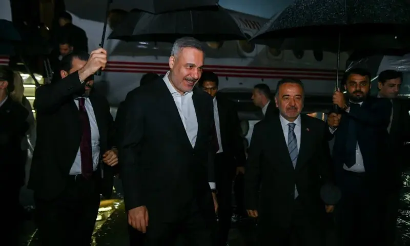 Turkish Foreign Minister Hakan Fidan arrives in Islamabad for an official visit on March 28. &mdash; Photo courtesy Foreign Office