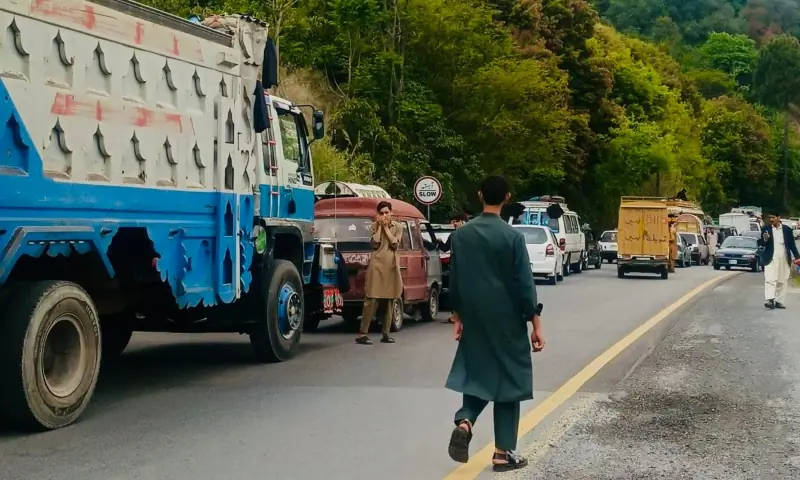 A man walks past a queue of vehicles in Tandaali village after residents blocked the main road to protest livestock killing in leopard attack on Saturday. — Photo by author A man walks past a queue of vehicles in Tandaali village after residents blocked the main road to protest livestock killing in leopard attack on Saturday. — Photo by author