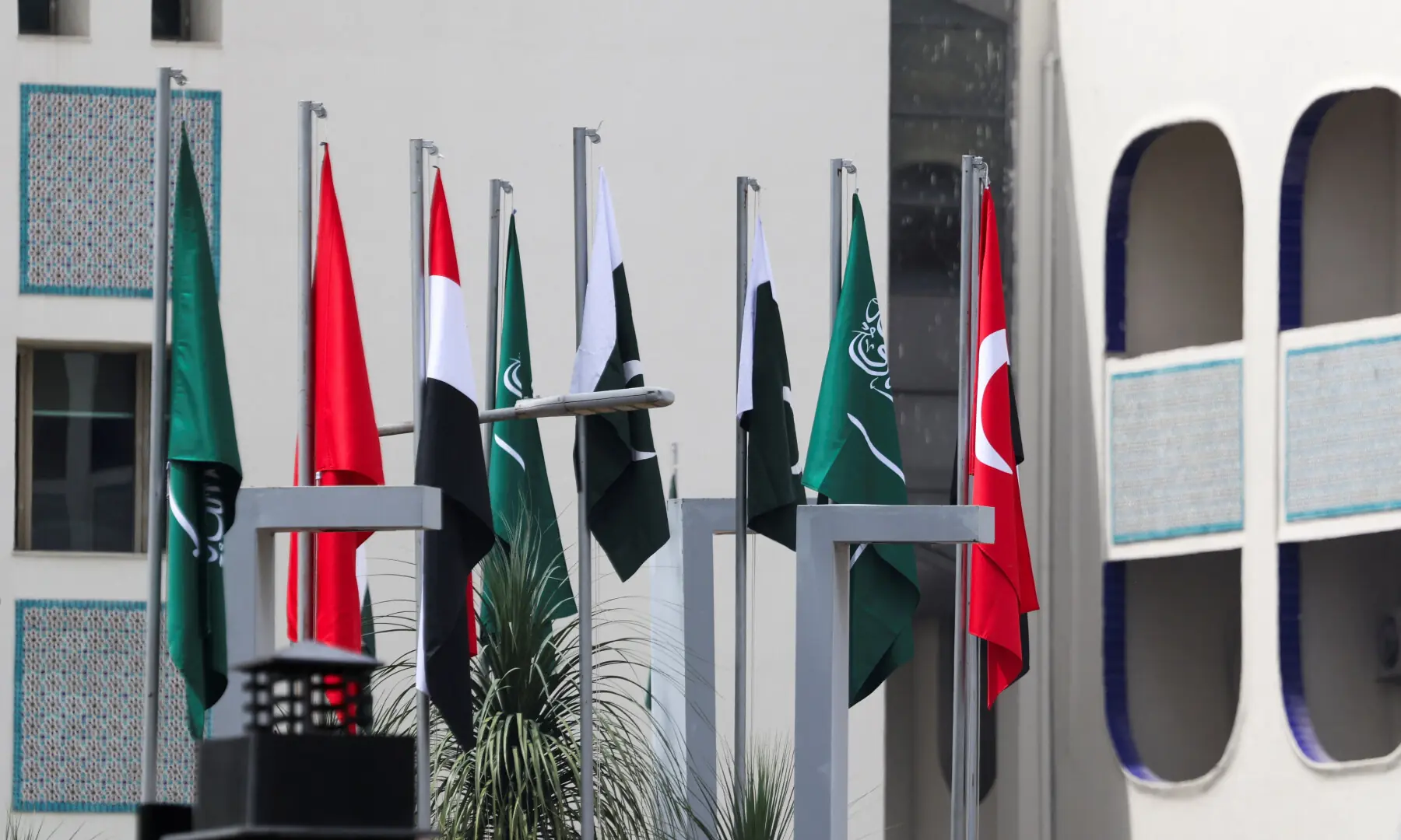 The national flags of Pakistan, Saudi Arabia, Turkey and Egypt stand hoisted outside the Ministry of Foreign Affairs office in Islamabad on March 29, 2026. &mdash; Reuters