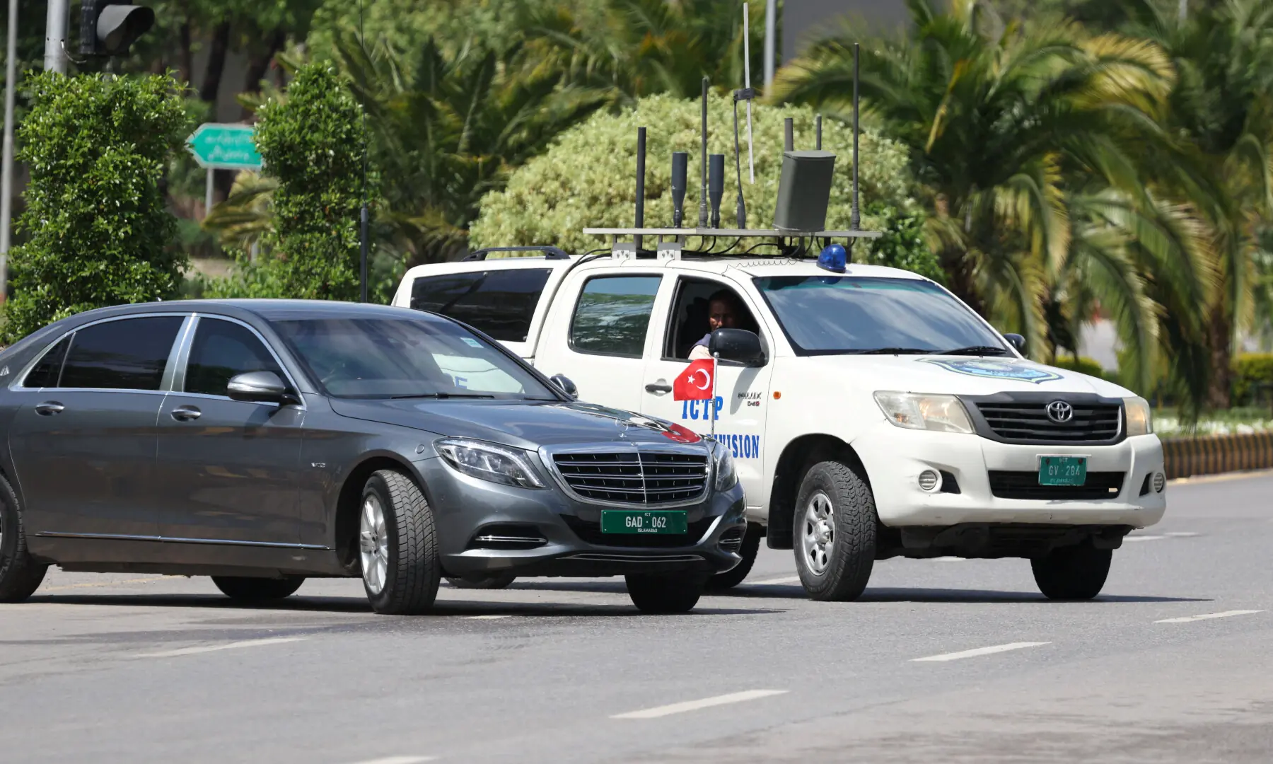 A car believed to be carrying Turkish Foreign Minister Hakan Fidan leaves from the Ministry of Foreign Affairs office in Islamabad on March 29, 2026. &mdash; Reuters