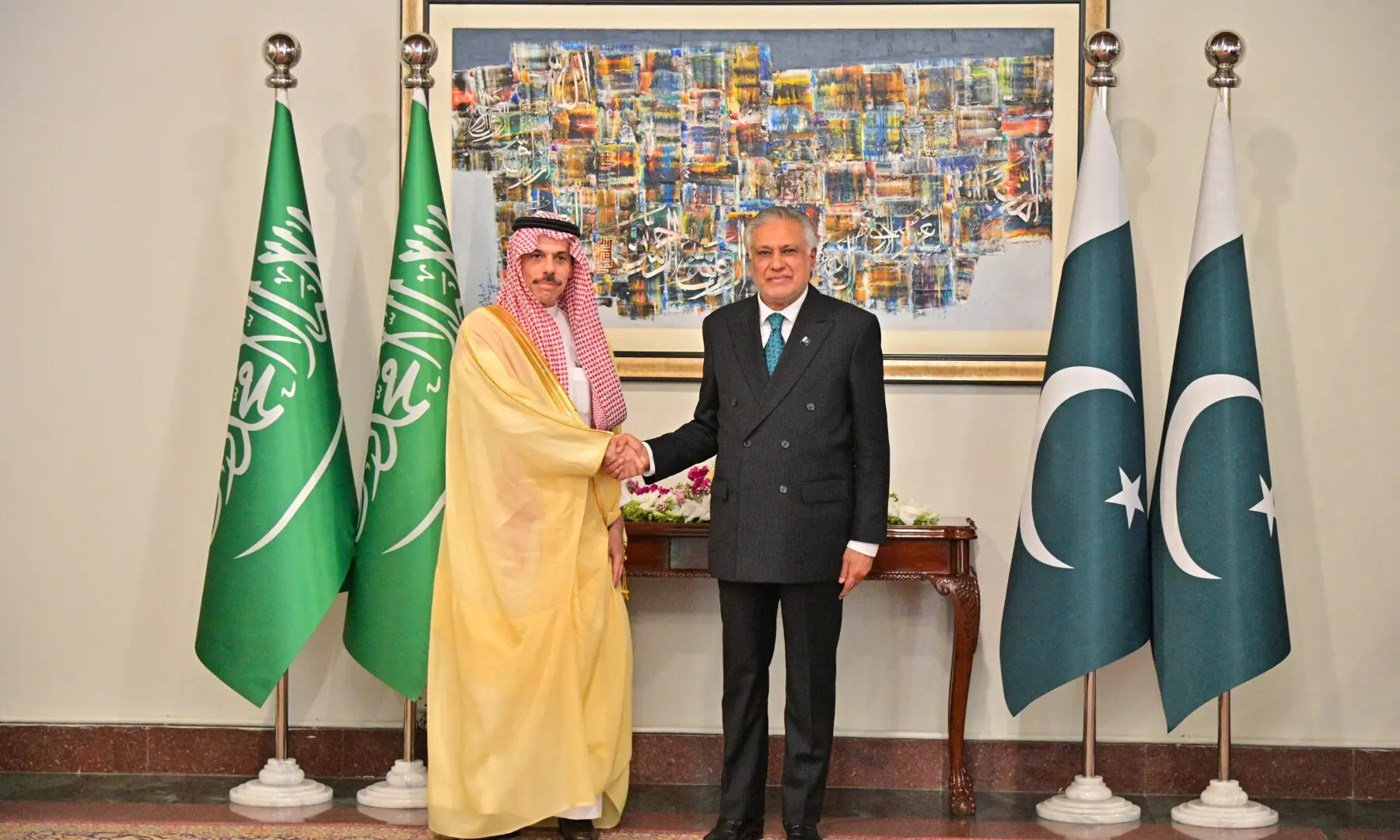 Deputy PM and FM Ishaq Dar meets Saudi FM Prince Faisal bin Farhan Al Saud at the Ministry of Foreign Affairs in Islamabad. &mdash; via FO