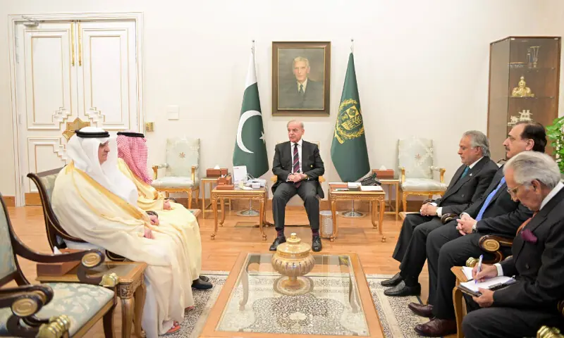 Saudi Foreign Minister Prince Faisal bin Farhan Al Saud and Prime Minister Shehbaz Sharif in a meeting in Islamabad. &mdash; Photo via X/@PakPMO