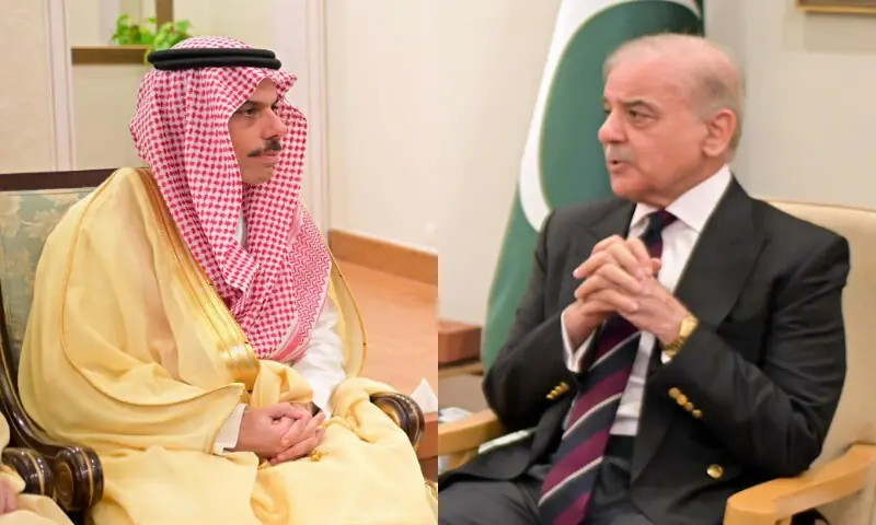 Saudi Foreign Minister Prince Faisal bin Farhan Al Saud and Prime Minister Shehbaz Sharif in a meeting in Islamabad. &mdash; Photo via X/@PakPMO