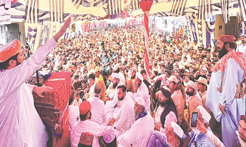 MAULANA Rashid Mehmood Soomro addresses the public meeting in Naushahro Feroze on Sunday.—Dawn MAULANA Rashid Mehmood Soomro addresses the public meeting in Naushahro Feroze on Sunday.—Dawn