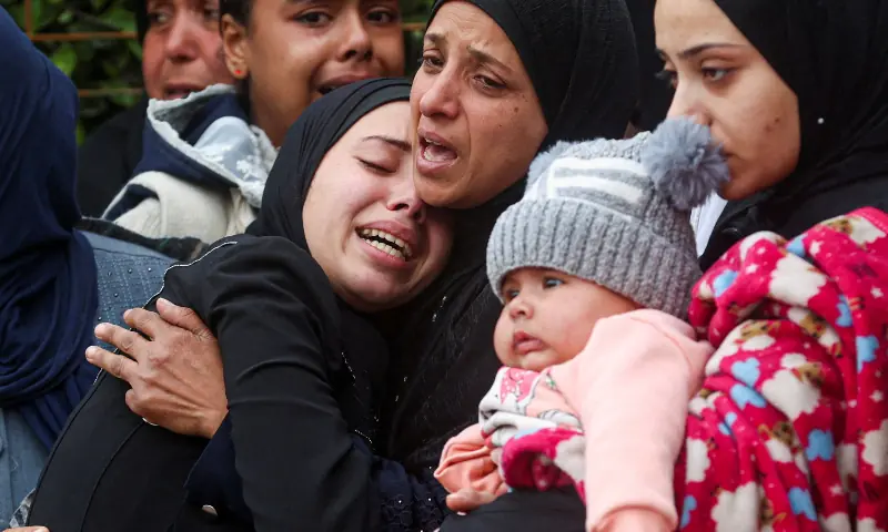 Mourners react during the funeral of six Palestinians, including three policemen, killed in Israeli strikes, according to medics, at Nasser Hospital in Khan Younis in the southern Gaza Strip on March 29, 2026. — Reuters Mourners react during the funeral of six Palestinians, including three policemen, killed in Israeli strikes, according to medics, at Nasser Hospital in Khan Younis in the southern Gaza Strip on March 29, 2026. — Reuters