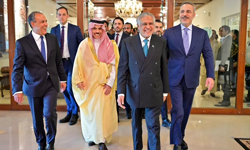 This handout photograph taken on March 29, 2026 and released by Pakistan’s Ministry of Foreign Affairs shows Pakistan’s Foreign Minister Ishaq Dar (2R) walking with his counterparts Turkey’s Hakan Fidan (R), Saudi Arabia’s Faisal bin Farhan (2L) and Egypt’s Badr Abdelatty upon their arrival for a meeting at the Foreign Ministry office in Islamabad. — AFP This handout photograph taken on March 29, 2026 and released by Pakistan’s Ministry of Foreign Affairs shows Pakistan’s Foreign Minister Ishaq Dar (2R) walking with his counterparts Turkey’s Hakan Fidan (R), Saudi Arabia’s Faisal bin Farhan (2L) and Egypt’s Badr Abdelatty upon their arrival for a meeting at the Foreign Ministry office in Islamabad. — AFP