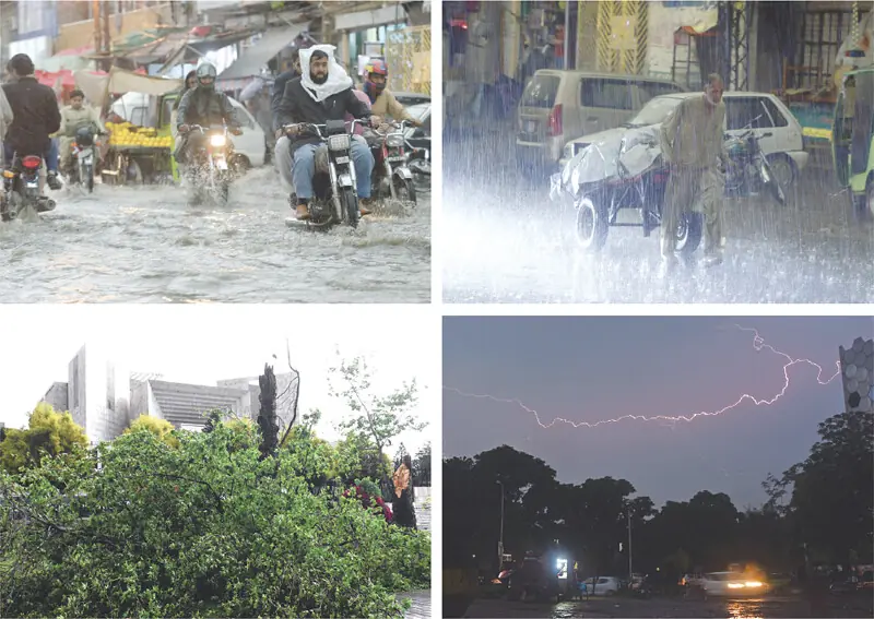 (Clockwise from top) Motorcyclists navigate rainwater as a labourer pulls his cart along Jamia Masjid Road in Rawalpindi; lightning flashes over Islamabad; and a tree lies uprooted on the capital’s Constitution Avenue after strong winds on Monday. — Photos by Mohammad Asim & Online (Clockwise from top) Motorcyclists navigate rainwater as a labourer pulls his cart along Jamia Masjid Road in Rawalpindi; lightning flashes over Islamabad; and a tree lies uprooted on the capital’s Constitution Avenue after strong winds on Monday. — Photos by Mohammad Asim & Online