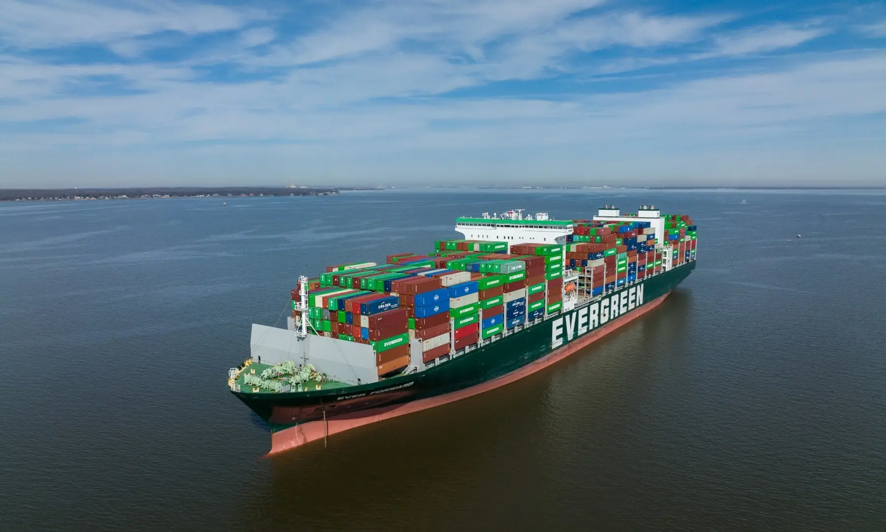 The Ever Forward container ship, owned by the Evergreen Marine Corporation, sits in Chesapeake Bay off the shore of Maryland, the US on March 15, 2022. &mdash; Reuters/File