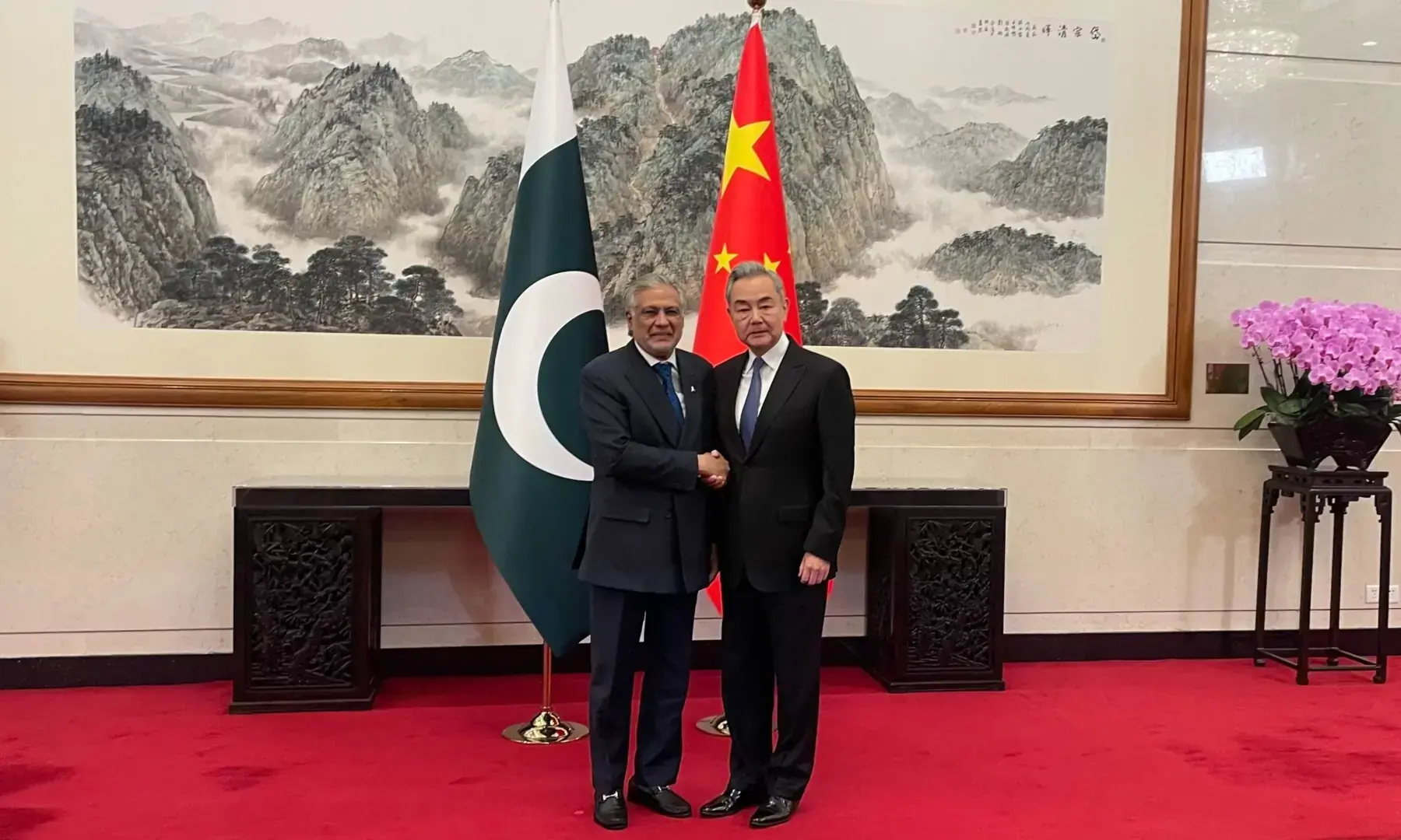 Deputy Prime Minister and Foreign Minister Ishaq Dar meets China&rsquo;s FM Wang Yi in Beijing, China on March 31. Photo via X/@CGTNOfficial