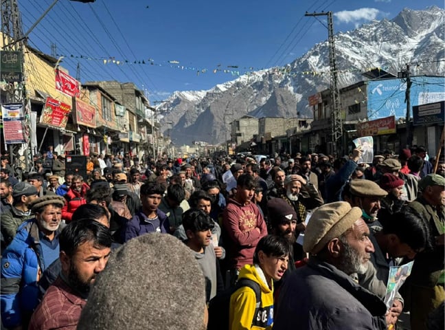 SKARDU: Protesters stage a demonstration at Yadgar-i-Shuhada to protest US-Israeli aggression against Iran.&mdash;Dawn