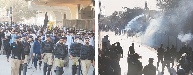  Protesters stage a demonstration in Peshawar on Sunday against the assassination of Iranian Supreme Leader Ayatollah Khamenei. (Right) Police fire teargas shells to disperse the protesters. &mdash; Photos by Shehbaz Butt 