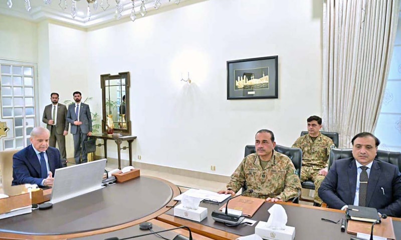 ISLAMABAD: Prime Minister Shehbaz Sharif chairs a high-level meeting, attended by CDF Asim Munir and others, on the prevaling security situation.—APP ISLAMABAD: Prime Minister Shehbaz Sharif chairs a high-level meeting, attended by CDF Asim Munir and others, on the prevaling security situation.—APP