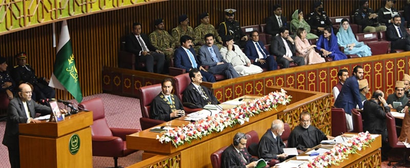 PRESIDENT Asif Ali Zardari addresses the joint sitting.—White Star