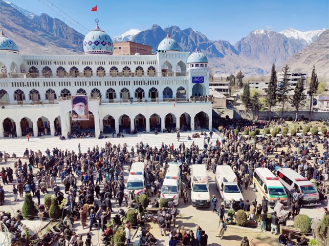 FUNERALS of several victims were held at the Markazi Imamia Masjid in Gilgit.—Photo by the writer