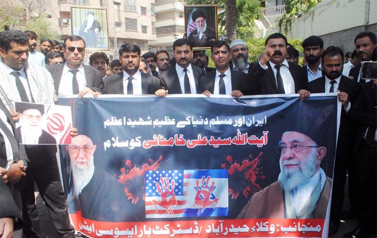 LAWYERS hold a demonstration in Hyderabad.—Dawn