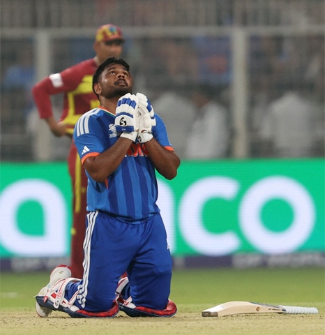  KOLKATA: Indian opener Sanju Samson celebrates after the Super Eights victory against West Indies at the Eden Gardens.&mdash;Reuters 