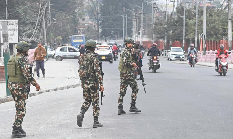 SOLDIERS patrol a street in Kathmandu ahead of Nepal’s general election.—AFP SOLDIERS patrol a street in Kathmandu ahead of Nepal’s general election.—AFP
