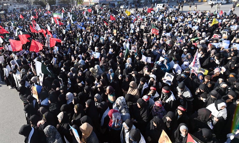 A women&rsquo;s rally passes through the Numaish intersection to protest the assassination of Iran&rsquo;s Supreme Leader Ali Khamenei. &mdash;Shakil Adil/ White Star
