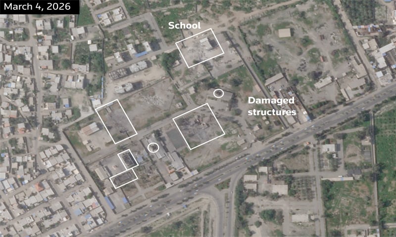 A satellite image shows the Shajareh Tayyebeh girls&rsquo; school and other structures damaged after being struck, amid the US-Israeli conflict with Iran, in Minab.&mdash;Reuters