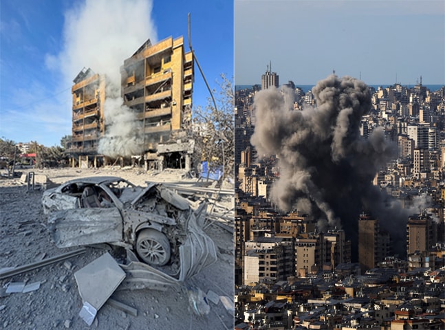 (left) A damaged car is seen near destroyed buildings, while (right) smoke billows above damaged complexes after Israeli strikes on Beirut and its southern suburbs.&mdash;Reuters