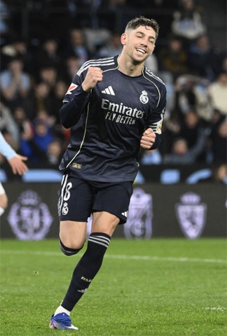 REAL Madrid&rsquo;s Federico Valverde celebrates scoring the winner against Celta Vigo during their La Liga match at the Balaidos Stadium.&mdash;AFP