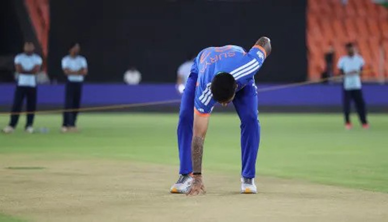 INDIAN skipper Suryakumar Yadav inspects the pitch&mdash;Courtesy ICC