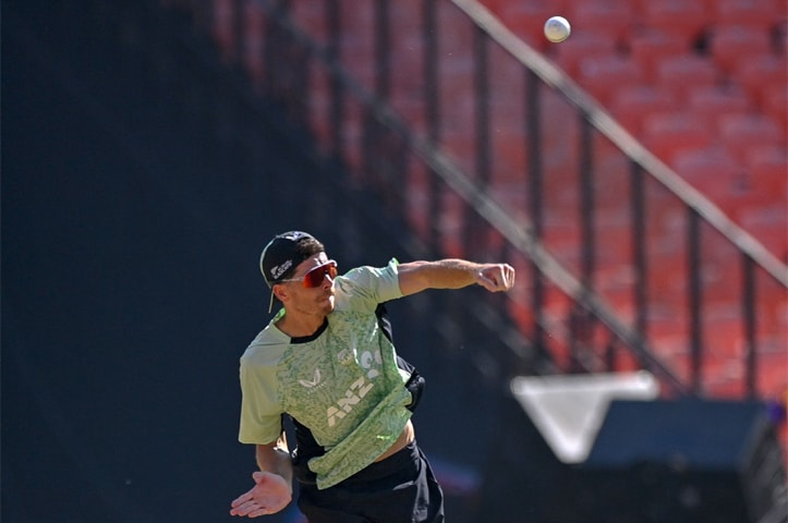 NEW ZEALAND captain Mitchell Santner bowls during a training session.&mdash;AFP