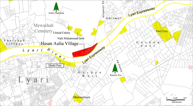 A map of Hasan Aulia Village: as showcased here, this locality&rsquo;s closeness to the Lyari River means that its 1,800-foot water pipeline, which snakes through this toxic river, risks water contamination for the residents of Hasan Aulia Village