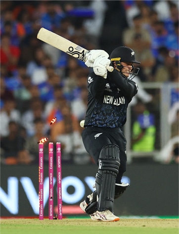 NEW ZEALAND batter Mark Chapman is clean bowled by Indian pacer Hardik Pandya.&mdash;Reuters