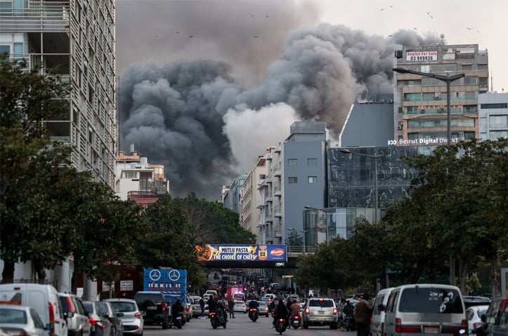  SMOKE rises after Israeli air strikes target buildings in Beirut&rsquo;s central Bachoura neighbourhood, close to the headquarters of the Lebanese government.&mdash;Reuters 