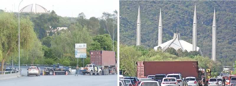A road leading to Aabpara has been blocked while the other picture shows commuters stuck on Faisal Avenue in Islamabad on Friday where a trailer has been parked in the middle of the road as part of security measures. — Photos by Mohammad Asim & Online