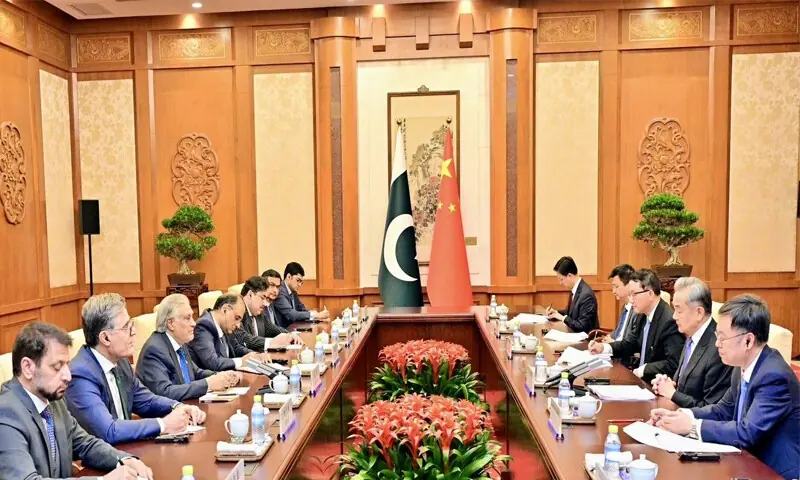 A delegation led by Deputy Prime Minister and Foreign Minister Ishaq Dar holds discussion with China&rsquo;s Foreign Minister Wang Yi and other Chinese officials in Beijing on Tuesday.&mdash; X/@MIshaqDar50