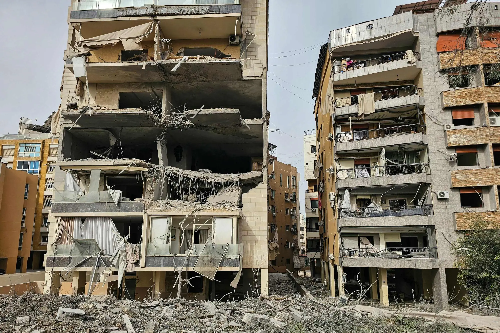 A photograph shows damaged buildings following an overnight Israeli airstrike in the Al Hadath neighbourhood of Beirut&rsquo;s southern suburbs, in Lebanon on April 1. &mdash; AFP