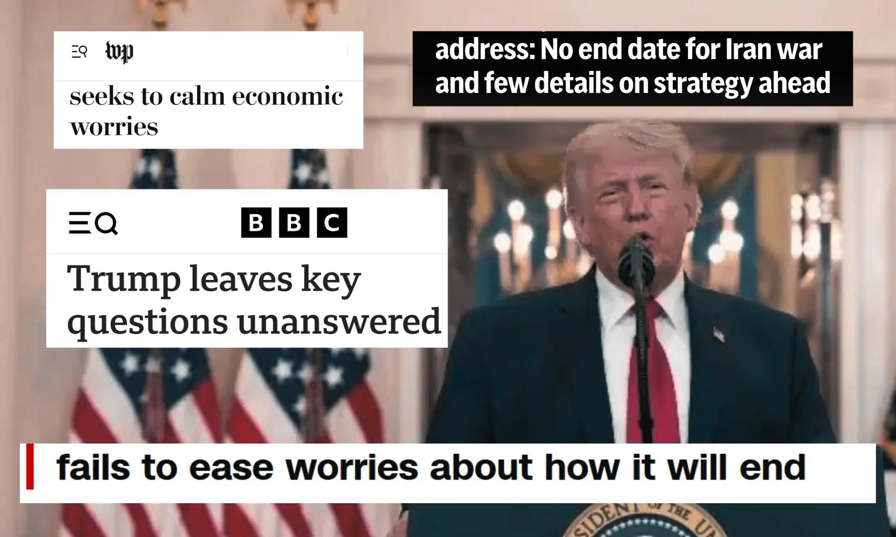 This collage shows snippets of news articles overlaid on a photo of US President Donald Trump speaking during a televised address on the war on Iran from the Cross Hall of the White House in Washington, DC on April 1, 2026. &mdash; AFP
