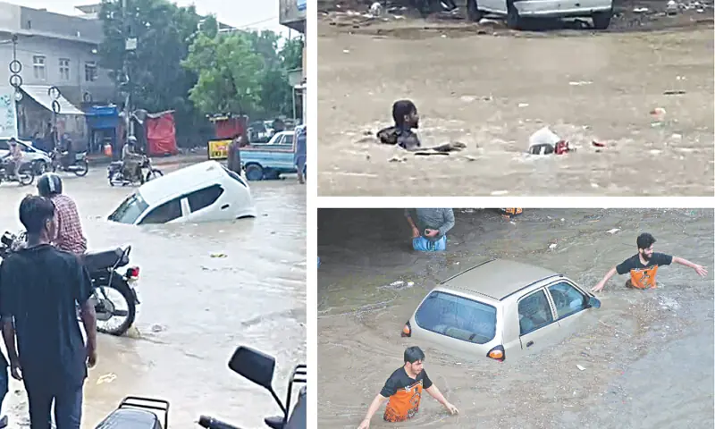 (Clockwise from left) A vehicle loses control after nosediving into a flooded street; a motorcyclist is almost swept away by the inundation; and a car, submerged up to its windows, is guided by citizens through the rainwater as the city experiences heavy showers. &mdash; Dawn / Online
