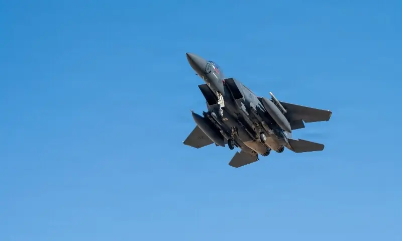 A US Air Force F-15E Strike Eagle aircraft takes off for a mission supporting Operation Epic Fury during the Iran war at an undisclosed location, March 9. &mdash; Reuters