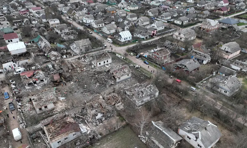 A drone view of the houses destroyed and heavily damaged during a Russian missile strike, amid Russia’s attack on Ukraine, in the town of Korosten, Zhytomy region, Ukraine on April 3, 2026. — Reuters A drone view of the houses destroyed and heavily damaged during a Russian missile strike, amid Russia’s attack on Ukraine, in the town of Korosten, Zhytomy region, Ukraine on April 3, 2026. — Reuters