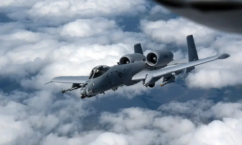 A US Air Force A-10 Thunderbolt II, also known as the Warthog, departs after receiving fuel in the skies near the border of Iowa and Missouri on July 7, 2020. —AFP/File A US Air Force A-10 Thunderbolt II, also known as the Warthog, departs after receiving fuel in the skies near the border of Iowa and Missouri on July 7, 2020. —AFP/File