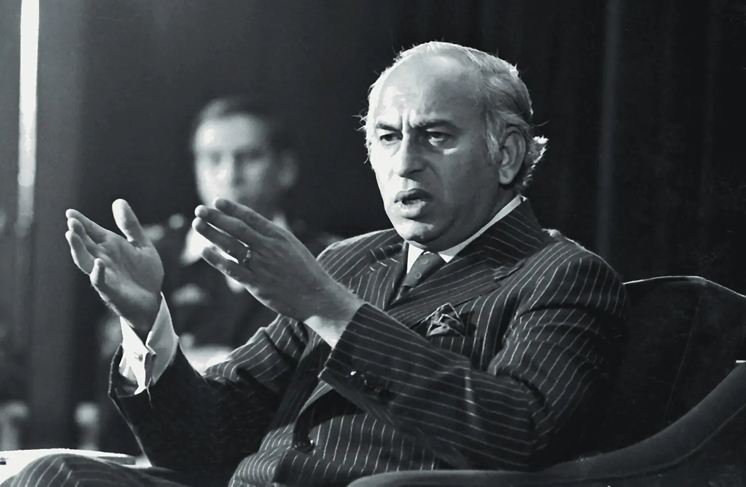 Elegantly dressed almost always, Zulfikar Ali Bhutto was at ease in his interactions with media. —The Press Information Department, Ministry of Information, Broadcasting & National Heritage, Islamabad. Elegantly dressed almost always, Zulfikar Ali Bhutto was at ease in his interactions with media. —The Press Information Department, Ministry of Information, Broadcasting & National Heritage, Islamabad.