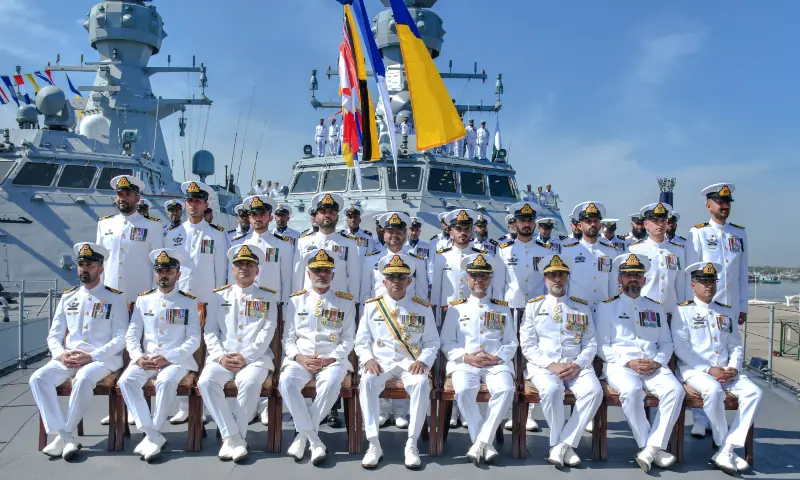 Chief of the Naval Staff Admiral Naveed Ashraf poses alongside the ship&rsquo;s crew at the induction ceremony of PNS KHAIBAR, the second Milgem-class corvette, into Pakistan&rsquo;s fleet on April 4, 2026. &mdash; Pakistan Navy