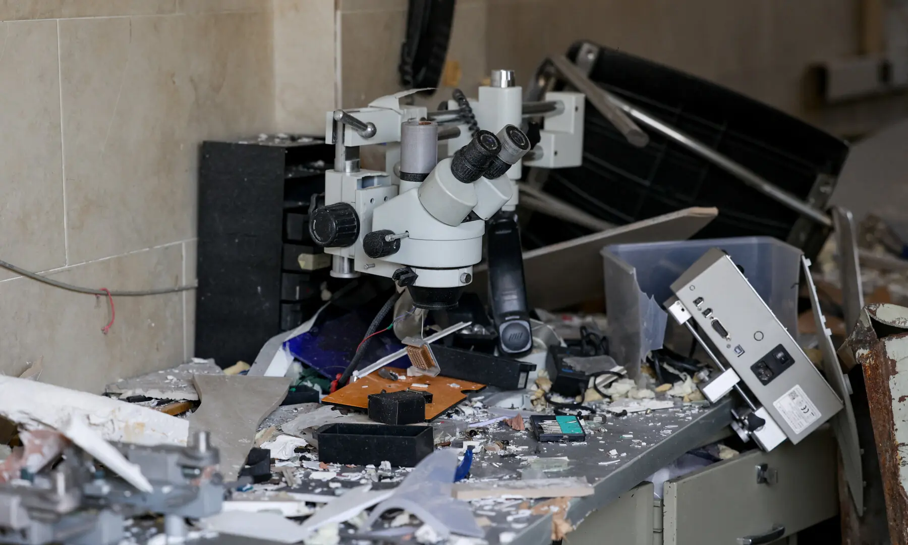 Laboratory equipment at the research building of the Shahid Beheshti University, which was damaged by a US-Israeli strike, in Tehran, Iran on April 4, 2026. &mdash; WANA via Reuters