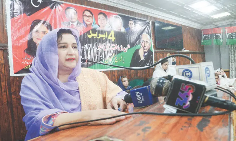 MPA Shazia Tehmas addresses a gathering held in Peshawar on Saturday to mark 47th death anniversary of PPP founder Zulfikar Ali Bhutto. &mdash; White Star