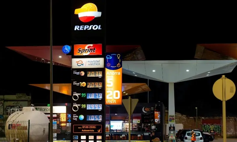 A photo taken on March 20, 2026 shows prices of combustible per litre displayed at a petrol station in Burgos, northern Spain. &mdash; AFP
