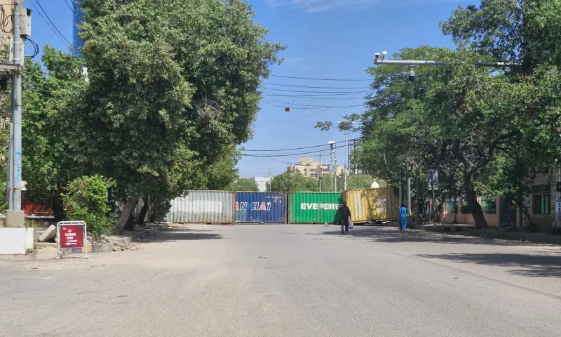 Roads near Karachi Press Club are blocked with containers ahead of a planned PTI protest on April 5, 2026. &mdash; via author