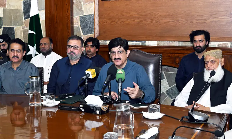 Sindh CM Murad Ali Shah addresses a press conference at CM House, Karachi on April 5, 2026. &mdash; X/SindhCMHouse